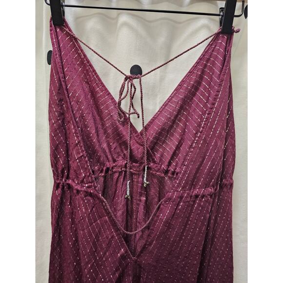 Free People sheer maroon silver pin striped balloon leg v-neck  jumpsuit XS - Picture 8 of 9